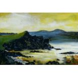 JOHN ROOSE EVANS mixed media on canvas - North Wales estuary scene with rocky outcrop and shoreline,