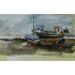 JANE CORSELLIS watercolour - boats, entitled 'Goodwick', entitled verso on label 'Winter Boats,