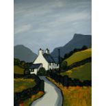 DAVID BARNES oil on board - white washed Snowdonia cottage by a lane, signed verso in full, entitled