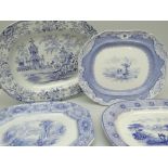 FOUR SOUTH WALES BLUE & WHITE TRANSFER POTTERY PLATTERS including 'Milan', 'Damask Border' and '