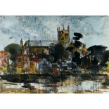 GWILYM PRICHARD mixed media - Hereford Cathedral, entitled verso with artist's then Herefordshire