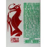 PAUL PETER PIECH two colour linoprint - stylized red dragon and typographed powerful Welsh poetry