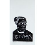 PAUL PETER PIECH monochrome typographic linocut - portrait of R S Thomas and dedicated 'to Jo',