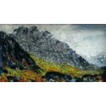 JOHN ROOSE EVANS mixed media on board - North Wales mountain scene, entitled verso 'Mist Rising,