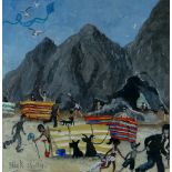 NICK HOLLY acrylic - busy beach scene with figures, dogs and wind breakers, signed, 29 x 28cms