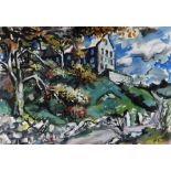 HELEN STEINTHAL mixed media - landscape with ruin building, land and trees, signed with initials, 34