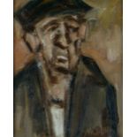 MIKE JONES oil on board - head and shoulders portrait entitled 'Farmer, Sennybridge', signed and