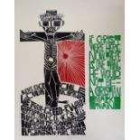 PAUL PETER PIECH linocut - image of Christ on cross, soundbites and quote from Mark Twain 'If Christ