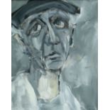 MIKE JONES oil on canvas - head and shoulders portrait of a farmer with sad eyes, entitled verso '