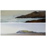 GARETH THOMAS watercolours, a pair - coastal scene and beach scene, signed, 11 x 37cms & 9 x 36cms