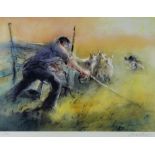 WILLIAM SELWYN limited edition (7/300) colour lithograph - shepherd and sheep dog at work with three