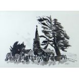 SIR KYFFIN WILLIAMS RA colourwash print - Llanedwen Church, signed with initials, 25 x 35cms