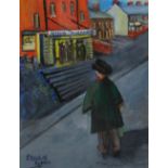 ELIZABETH HOPKIN mixed media - figure staring toward cinema queue on valley street, entitled