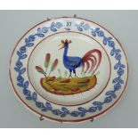 LLANELLY POTTERY COCKEREL PLATE with typical sponged continuous acorn border, 25cms diam