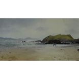 GARETH THOMAS watercolour - figures walking on a Gower beach with fishing boat at sea, signed, 20