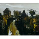 DONALD McINTYRE oil on board - landscape with buildings in lane, 50 x 60cms