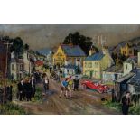 MOSS WILLIAMS watercolour - busy humorous village street scene with numerous vehicles, figures