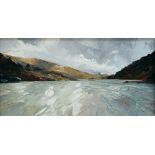 DAVID GROSVENOR oil on canvas - North Wales lake scene of Llyn Padarn, signed in full, 19 x 36cms