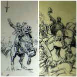 LIONEL (DALHOUSIE ROBERTSON) EDWARDS pair of pencil / pastel / ink drawings - medieval equestrian