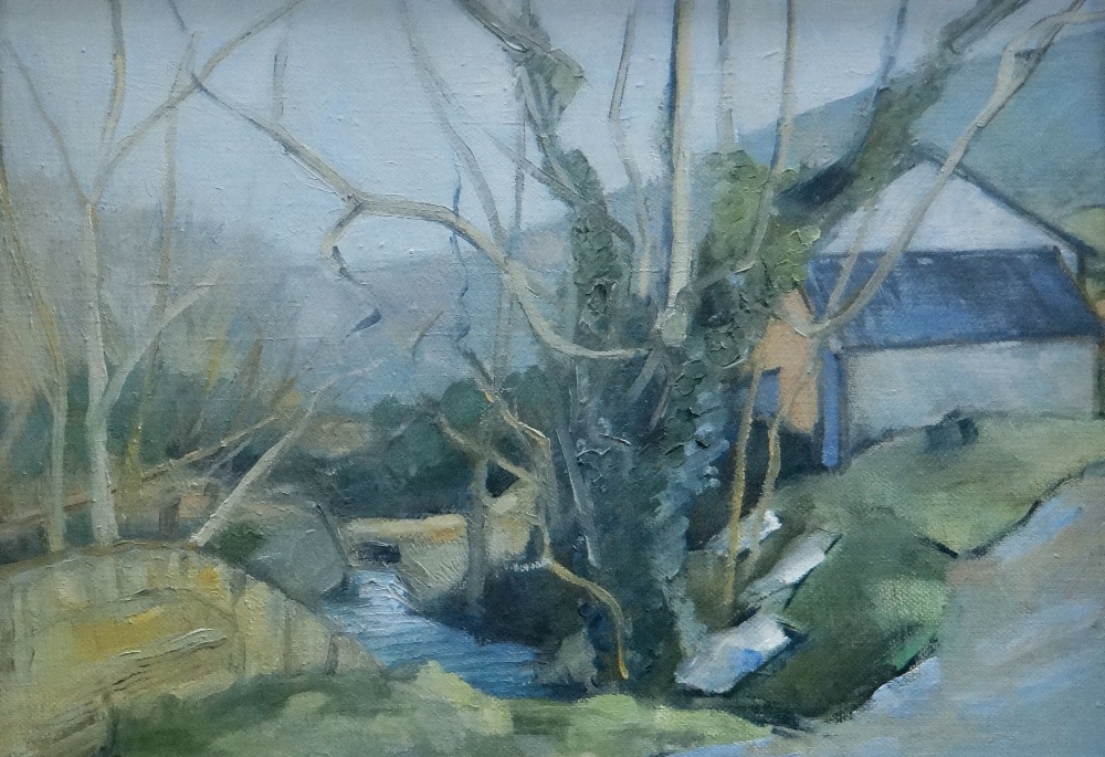 HELEN STERRY oil on board - view of cottage across stream and through tree branches, entitled