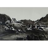 SIR KYFFIN WILLIAMS RA inkwash - hillside farm and buildings with mountains in background,