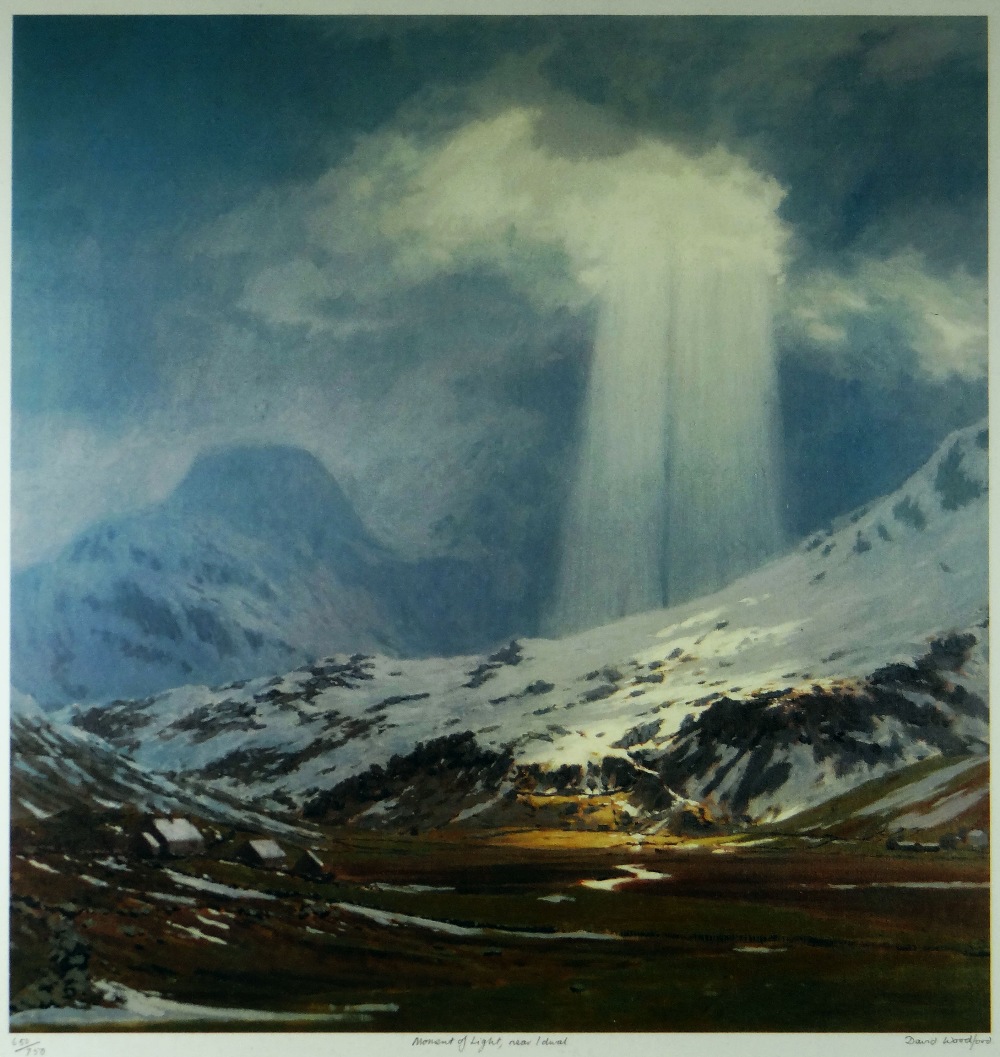 DAVID WOODFORD limited edition coloured (650/750) print - light streaming down through clouds onto