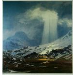 DAVID WOODFORD limited edition coloured (650/750) print - light streaming down through clouds onto