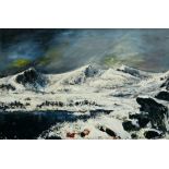 JOHN ROOSE EVANS mixed media on canvas - snowy Snowdonia mountain scene with lake, entitled verso '