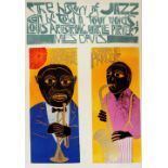 PAUL PETER PIECH limited edition (1/25) linocut - side-by-side caricatures of Louis Armstrong and