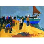 DONALD McINTYRE early oil / acrylic - beach scene with sailing boat and numerous figures (approx.