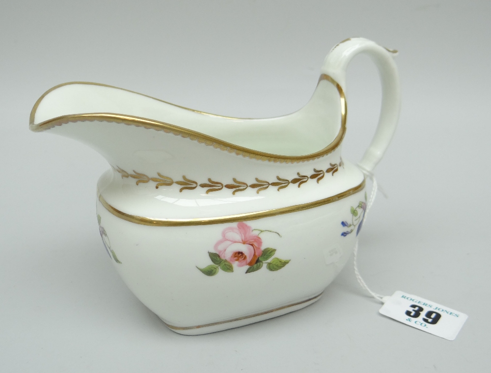 A SWANSEA PORCELAIN CREAM JUG with wide elongated spout, high loop handle with thumb spur, decorated