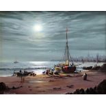 PETER COSSLETT oil on canvas - night time coastal scene with busy figures unloading a boat with city