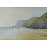 GARETH THOMAS watercolour - figures walking on Gower beach, signed, 27 x 38cms