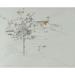 IOLA SPAFFORD pen and ink with watercolour - continental village with fruit tree, signed, mounted