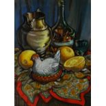 MOSS WILLIAMS watercolour - richly coloured still life study of fruit vessels and a pottery hen on