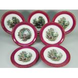 SIX ASHWORTHS POTTERY TRANSFER PLATES AND MATCHING CAKE STAND each with a scene of English village