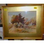 J E HENNAN framed watercolour - Llangybi church, signed and dated 1929, 21 x 27cms