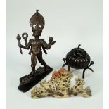 A BRONZE CHINESE PUMPKIN FORM CENSER on tripod supports and two bronze Oriental ornaments ETC