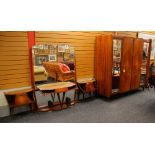 STYLISH MID CENTURY ITALIAN BEDROOM SUITE in polished veneer and comprising triple wardrobe with
