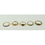 GROUP OF FIVE 9 CARAT GOLD RINGS to include ruby set, garnet set and emerald set 6.9 grams overall