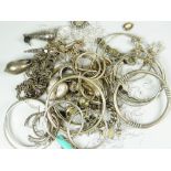 SMALL TUB OF ASSORTED AND SILVER PLATED ITEMS to include bangles, pendant drops, rings, marcasite