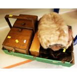 A BOX OF FUR MITTENS, a concertina sewing box and contents ETC