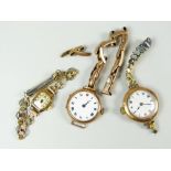 THREE ASSORTED YELLOW METAL LADIES' WRISTWATCHES (AS FOUND)