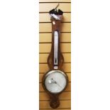 AN ANTIQUE MAHOGANY BAROMETER/THERMOMETER with string decoration to the edge and inlaid decoration