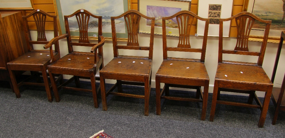 SET OF FIVE ANTIQUE OAK FARMHOUSE CHAIRS