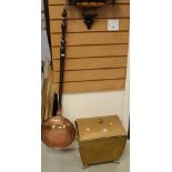 AN ANTIQUE TWIN HANDLED BRASS BASIN SHAPED COAL BOX TOGETHER WITH an antique copper bed-warming