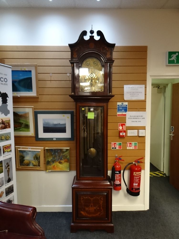 A GOOD EDWARDIAN INLAID MAHOGANY LONGCASE CLOCK having a filigree brass and silvered dial bearing - Image 7 of 20