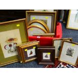 A TUB OF VARIOUS FRAMED PICTURES including nature watercolours ETC