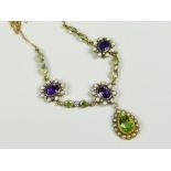 15 CARAT GOLD EDWARDIAN PERIDOT, AMETHYST, PEARL AND DIAMOND NECKLACE with suffragette design in