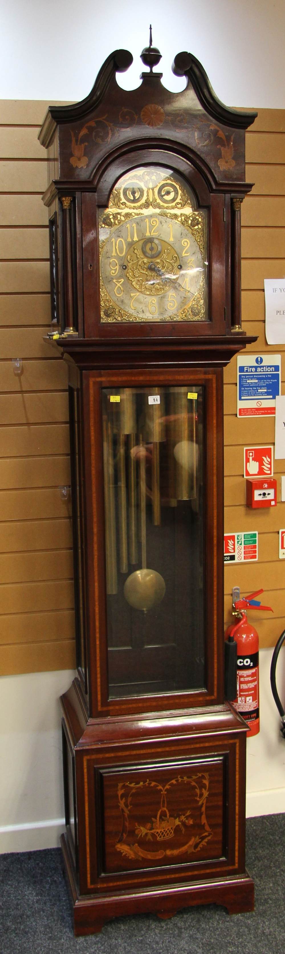 A GOOD EDWARDIAN INLAID MAHOGANY LONGCASE CLOCK having a filigree brass and silvered dial bearing